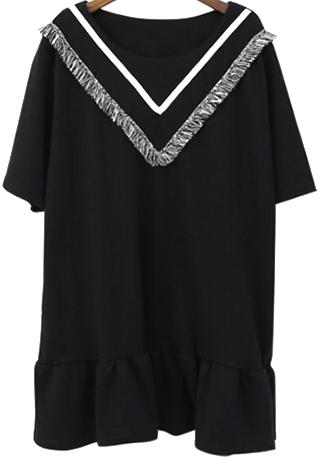 Romwe V Pattern Tassel Ruffle Black Dress