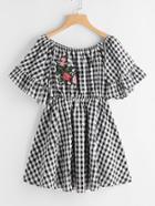 Romwe Embroidered Applique Detail Trumpet Sleeve Gingham Bardot Dress