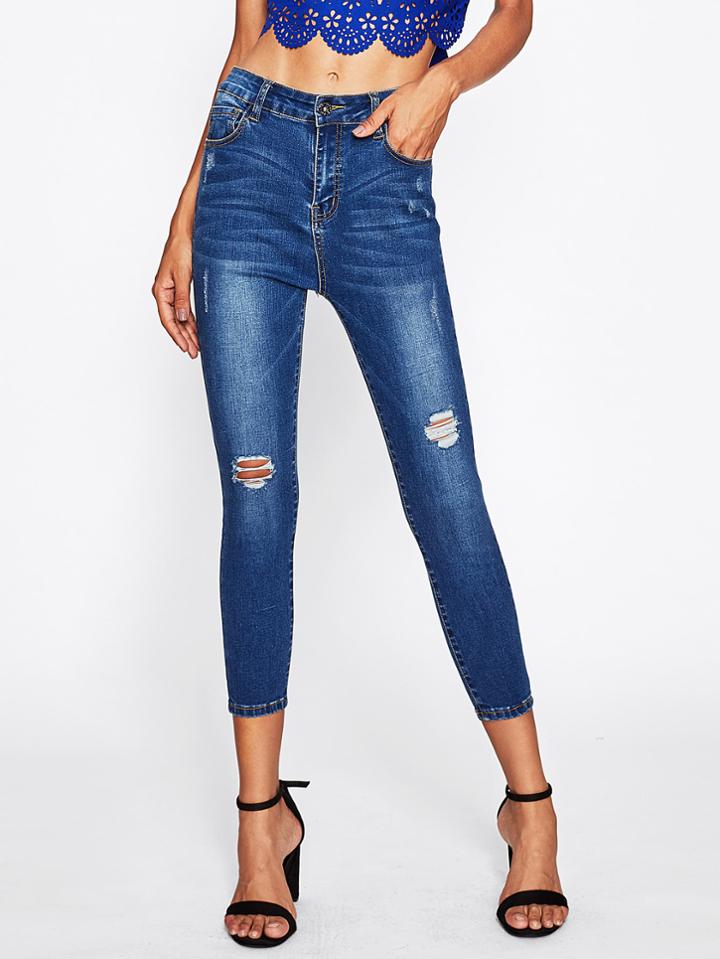 Romwe Bleach Wash Cropped Shredded Jeans