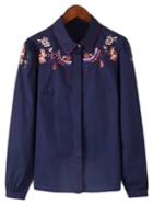 Romwe Navy Long Sleeve Embroidery Lapel Blouse