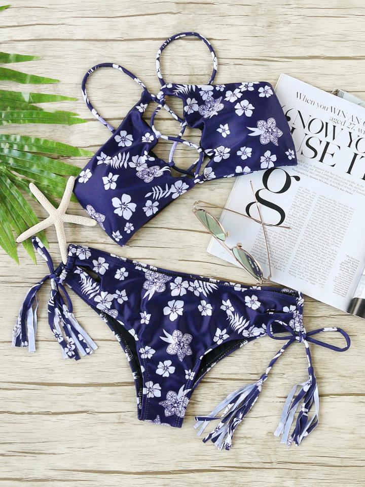 Romwe Blue Floral Print Criss Cross Bikini Set With Tassel Tie