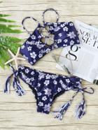 Romwe Blue Floral Print Criss Cross Bikini Set With Tassel Tie