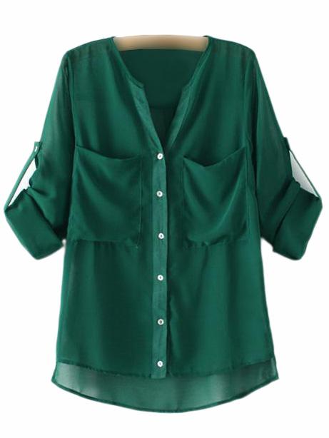 Romwe Green V Neck Buttons Large Pockets Blouse