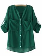 Romwe Green V Neck Buttons Large Pockets Blouse