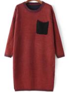 Romwe Long Sleeve Split Side Burgundy Sweater Dress With Pocket