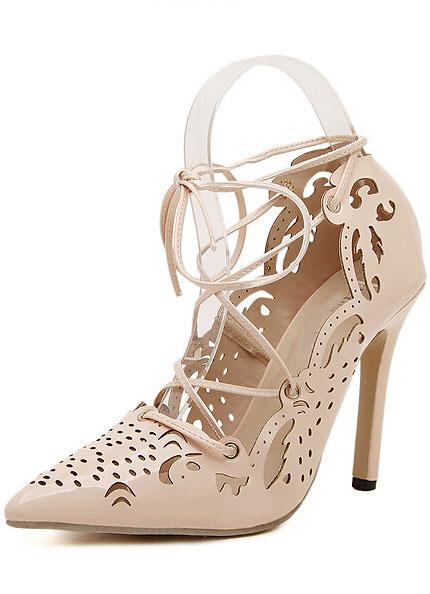 Romwe Apricot Lace Up Hollow High Heeled Pumps