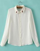 Romwe Lapel Embroidered White Blouse