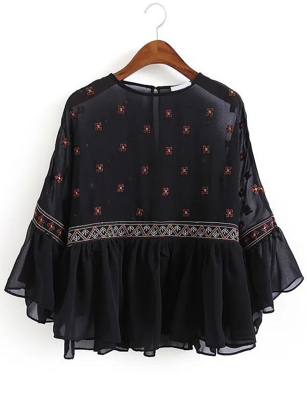 Romwe Bell Sleeve Embroidered Ruffle Chiffon Shirt
