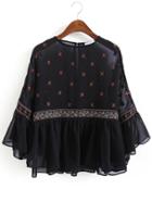Romwe Bell Sleeve Embroidered Ruffle Chiffon Shirt