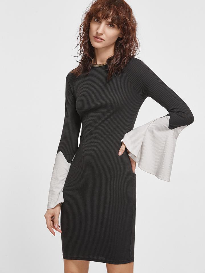 Romwe Black Ribbed Knit Contrast Bell Sleeve Bodycon Dress