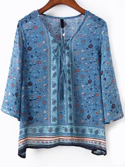 Romwe Florals Lace Up Blue Blouse