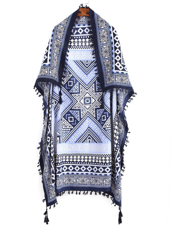 Romwe Blue Geometric Print Tassel Scarf