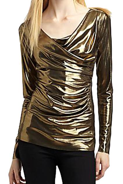 Romwe Pleated Golden Long Sleeved T-shirt