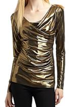 Romwe Pleated Golden Long Sleeved T-shirt