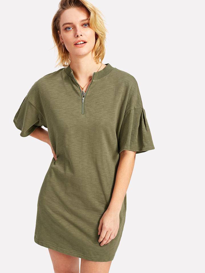 Romwe Zip Front Ribbed Neck Slub Tee
