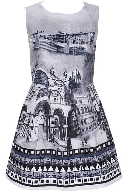 Romwe Castle Print Floral Embossed Grey Sleeveless Dress