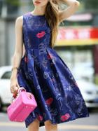 Romwe Navy Round Neck Sleeveless Flare Print Dress