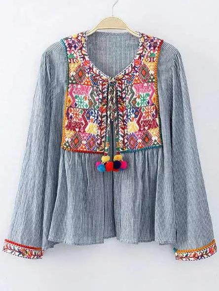 Romwe Vertical Striped Embroidery Detail Blouse With Pom Pom Tie