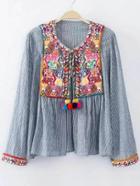 Romwe Vertical Striped Embroidery Detail Blouse With Pom Pom Tie