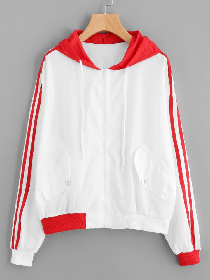Romwe Striped Sleeve Print Back Hoodie Jacket
