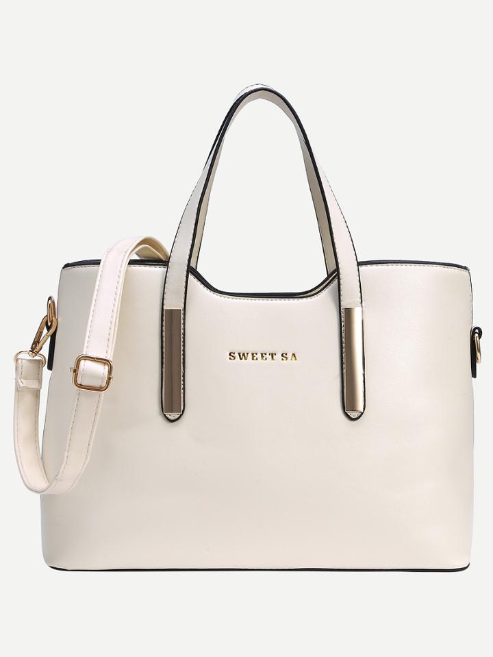Romwe White Metal Plate Embellished Tote Bag With Strap