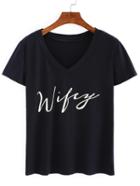 Romwe V Neck Letter Print T-shirt