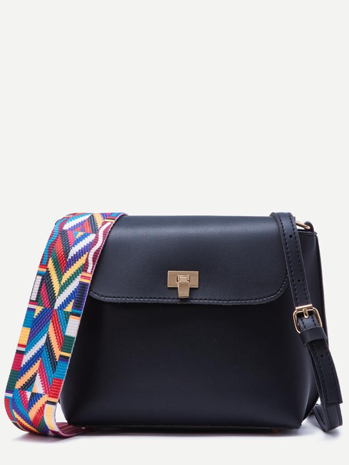 Romwe Black Wide Strap Pu Flap Shoulder Bag