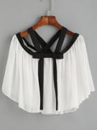 Romwe White Contrast Bow Front Crisscross Cold Shoulder Top