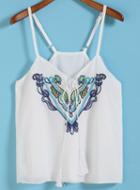 Romwe Spaghetti Strap Lace Up Embroidered White Cami Top