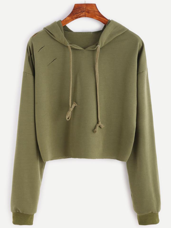 Romwe Army Green Drop Shoulder Ripped Hooded Crop Sweatshirt
