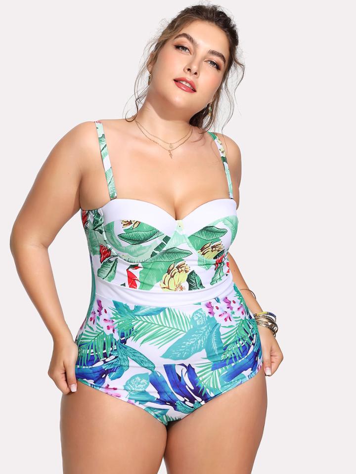 Romwe Knot Open Back Tropical Print Swimsuit