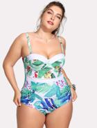 Romwe Knot Open Back Tropical Print Swimsuit