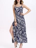Romwe Tropical Print Slit Long Cami Dress