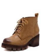 Romwe Brown Pu Lace Up Cork Heel Ankle Boots