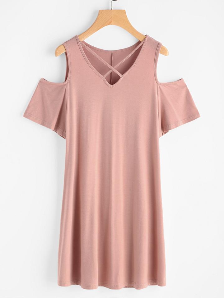 Romwe Crisscross V Neck Open Shoulder Tee Dress