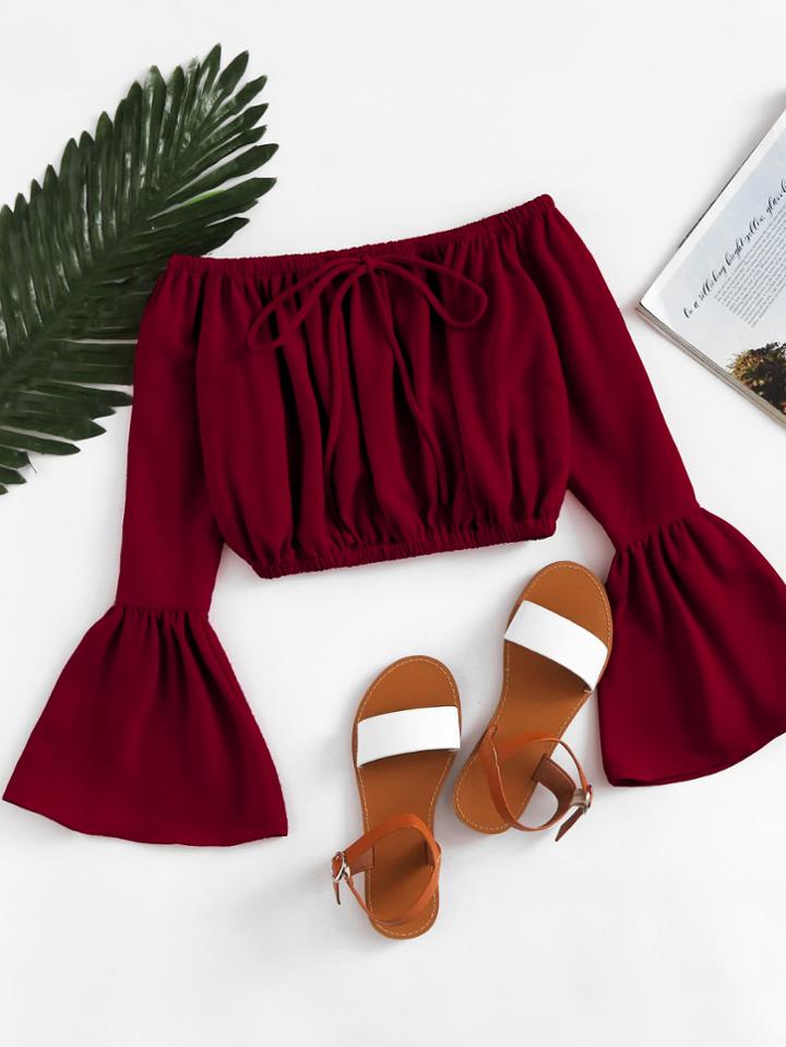 Romwe Bardot Fluted Sleeve Drawstring Crop Top