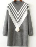 Romwe Chevron Print Pom Pom Jersey Grey Dress