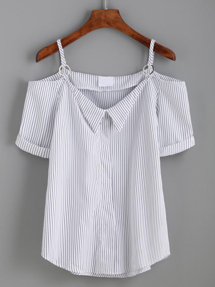Romwe White Vertical Striped Ring Detail Cold Shoulder Blouse