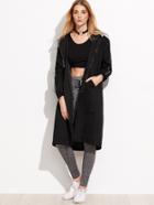 Romwe Black Printed Drop Shoulder Trench Coat With Contrast Hood