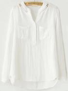 Romwe Dip Hem Hollow Out White Blouse With Pockets