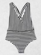 Romwe Striped Print Cross Back Surplice Swimsuit