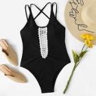 Romwe Criss Cross Contrast Crochet Swimsuit