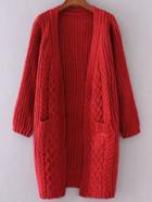 Romwe Red Collarless Cable Knit Pocket Sweater Coat