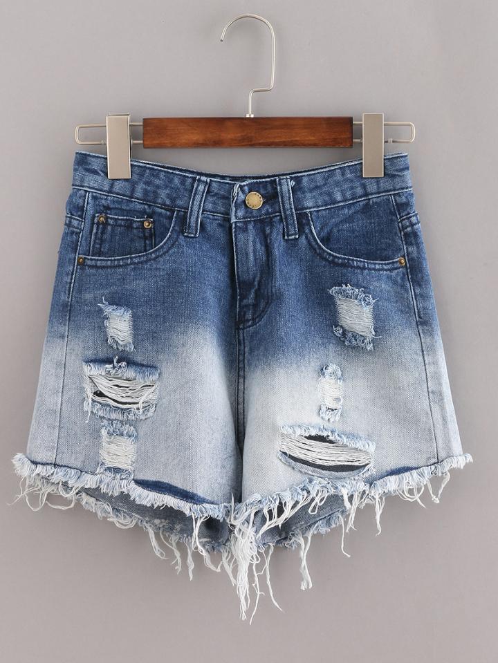 Romwe Ripped Raw Hem Blue Ombre Denim Shorts