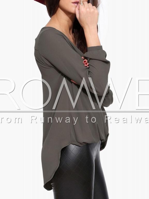 Romwe Army Green Long Sleeve V Neck Blouse