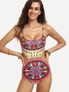 Romwe Multicolor Geometric Print Lace-up Cutout Swimsuit