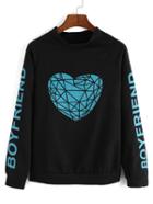 Romwe Raglan Sleeve Heart Print Black Sweatshirt