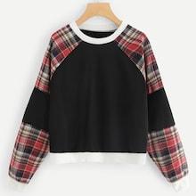 Romwe Contrast Checked Raglan Sleeve Sweatshirt