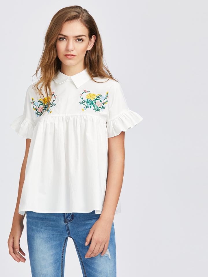 Romwe Tied Back Symmetric Embroidery Frill Trim Sleeve Smock Top
