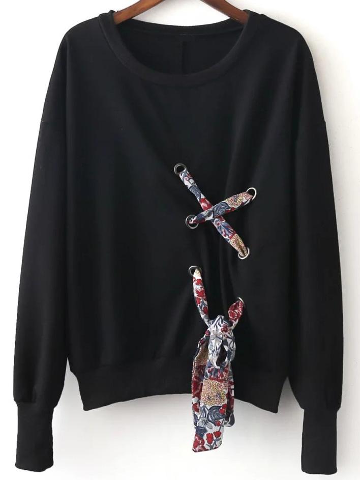 Romwe Black Eyelet Lace Up Sweatshirt